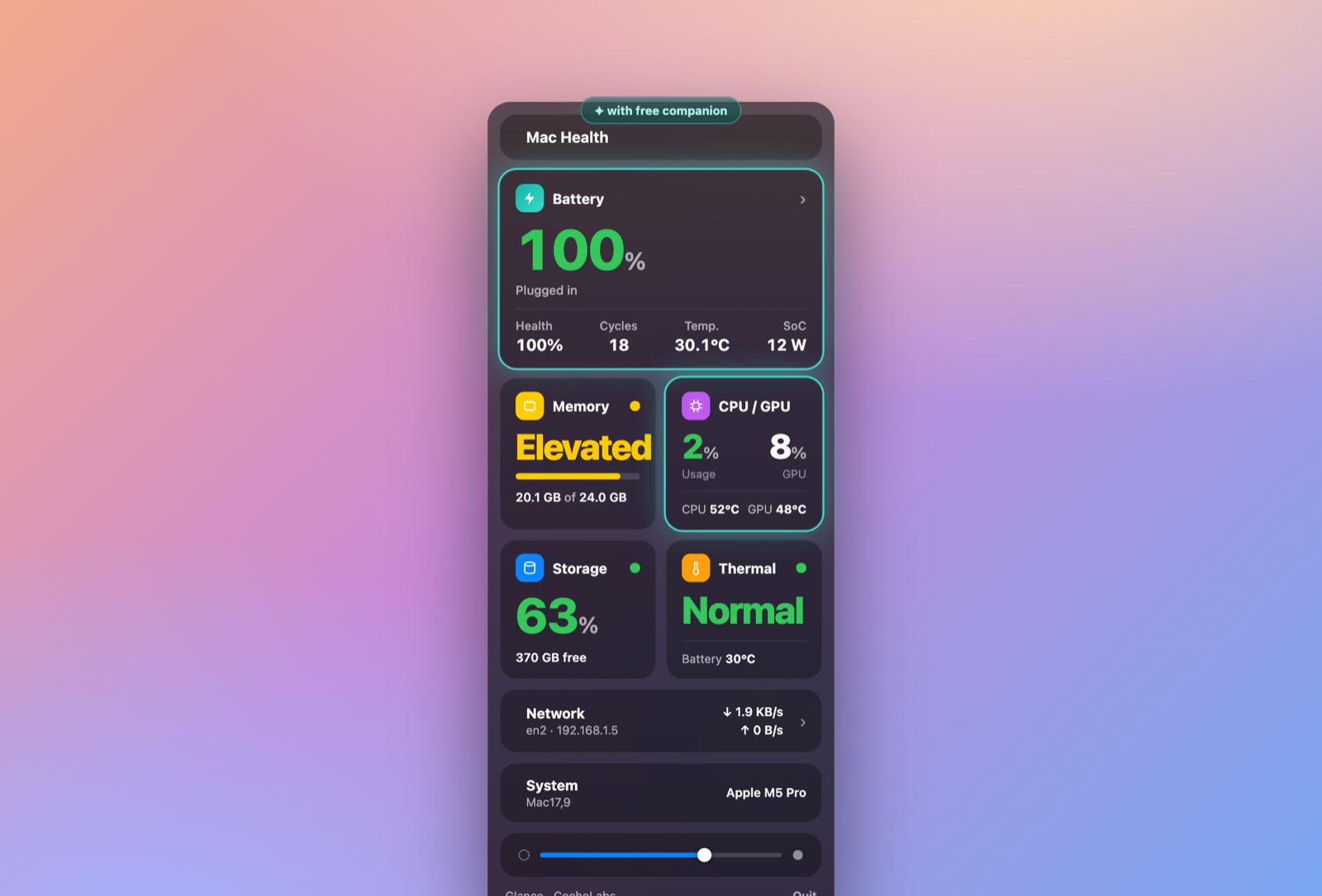 Glance: System Health menu-bar panel with Pro sensors unlocked: the Battery card shows SoC watts and the CPU/GPU card shows CPU and GPU temperatures