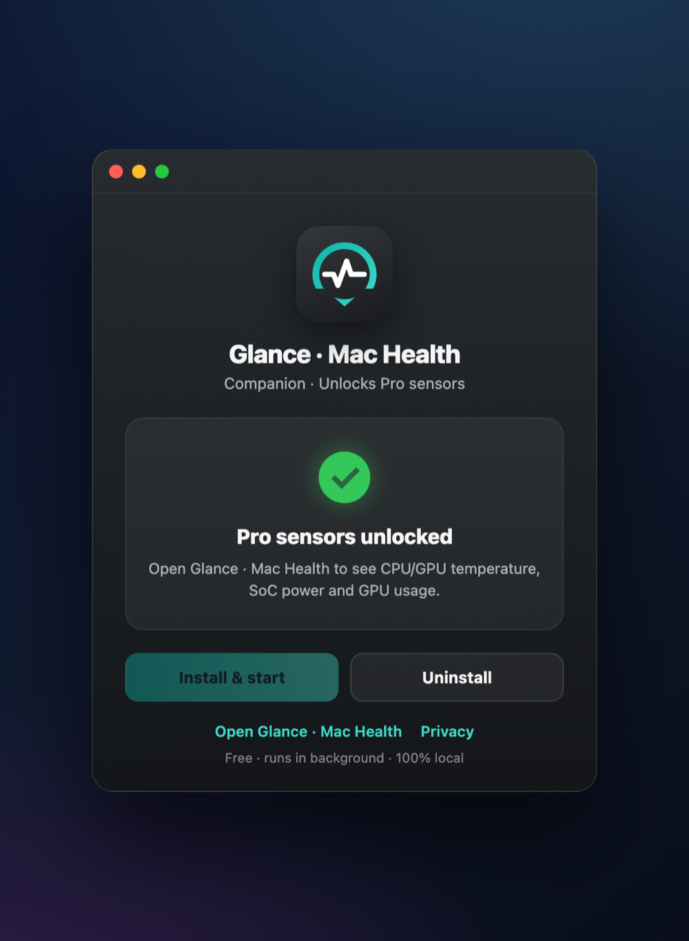 Glance · Mac Health Companion app window showing live Pro sensors